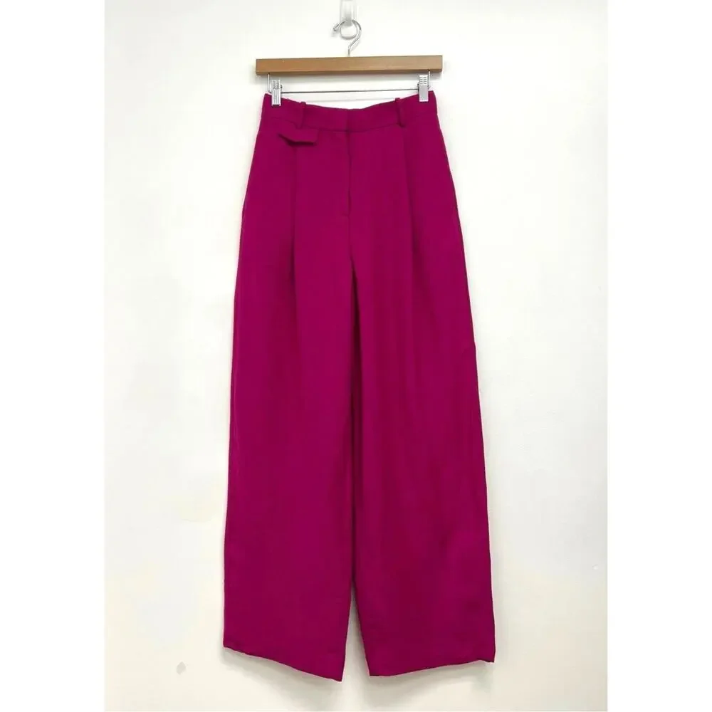 COS Relaxed Pleated Linen-Blend Wide-Leg Trousers Pink Colorful Work - Size 2